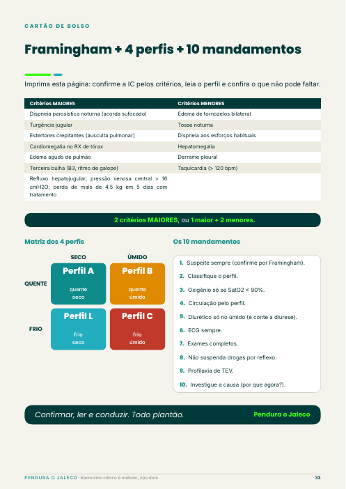 Prévia do cartão de bolso do guia: tabela de Framingham, matriz dos 4 perfis e os 10 mandamentos